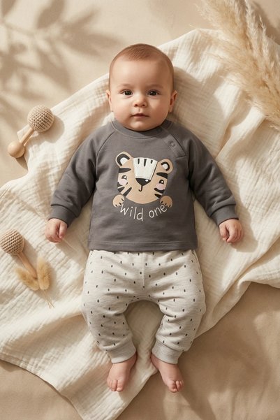 Babydonat Jungle Spirit Cotton Baby Set - Smoked Tiger Embroidered Sweatshirt...