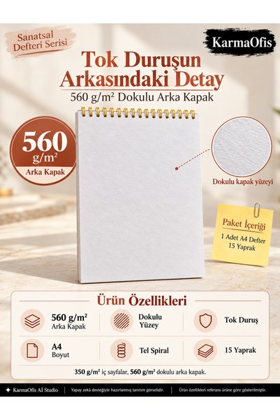 KarmaOfis A4 Mixed Media Resim Defteri 350 gr Dokulu Kâğıt 15 Yaprak Spiralli Perforeli | Akrilik Marker | Guaj Boya | Yağlı Boya | 2 Adet