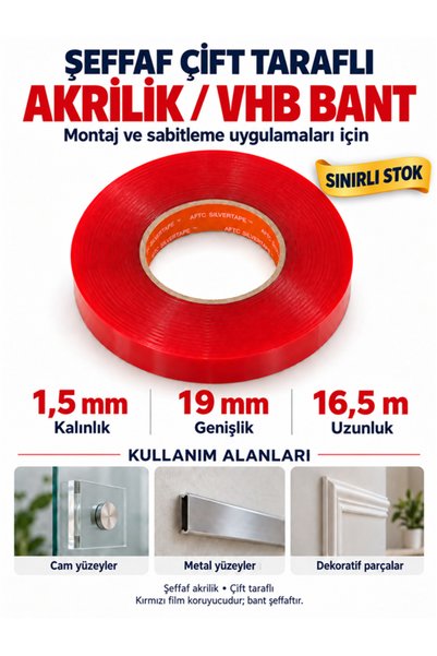 OTO SÜSLEN İSTANBUL Şeffaf Çift Taraflı Akrilik / VHB Montaj Bandı – 19 mm × ...