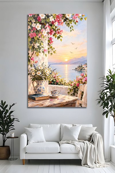 Parıltı Yayınları Çiçekli Balkon Ve Deniz Manzaralı Cam Tablo Gün Batımı Tema...