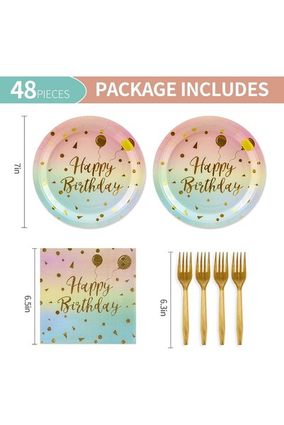 Generic 60PCS Happy Birthday Plates and Napkins Party Supplies, Colorful and Gold Disposable Paper Plates an
