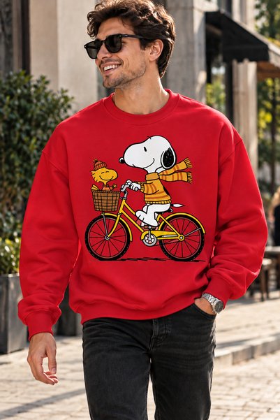 ArtYus Snoopy na biciklu i Woodstock printirani unisex oversize sweatshirt – ...