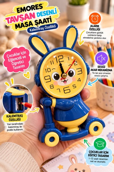 EMORES Sevimli Tavşan Figürlü Scooter Tasarımlı Sessiz Akar Saniyeli Kalemtır...