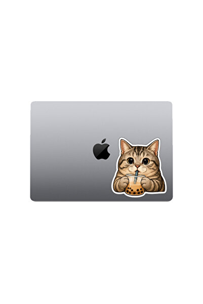MegaSticker Cat Drinking Latte Sticker Car, Motorcycle, Helmet, Laptop, Glass Sticker 13X12 cm