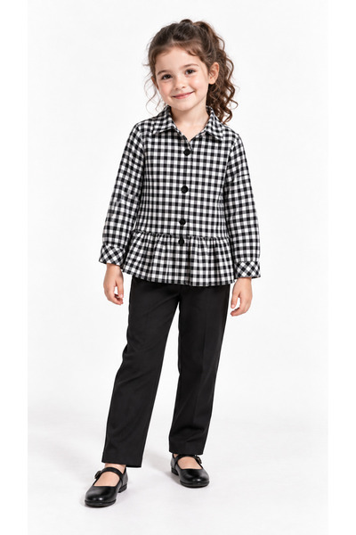 Gocoland Black and White Checkered Ruffle Detailed Girls' Shirt