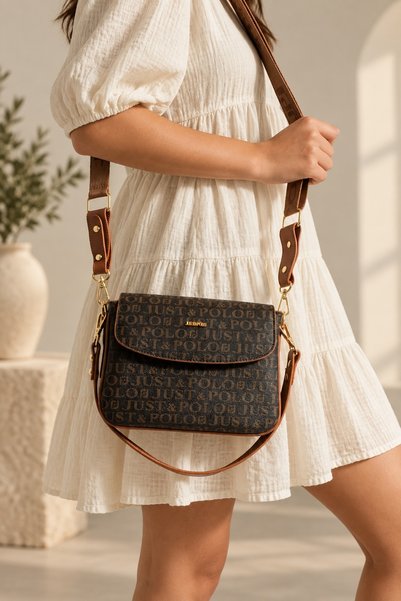 Just Polo Brown Tan New Season Women's Shoulder Bag with Column Strap and 4 P...