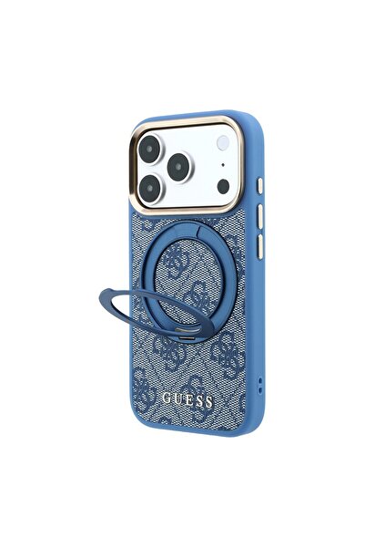 Guess iPhone 18 Pro Max Case Licensed M-Safe 4g Patterned 360 Stand Classic Text Logo Cover Blue