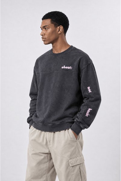 Respire Erkek About Baskılı Yıkamalı Oversize Sweatshirt Siyah