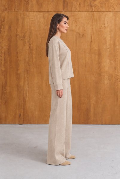 Paw Garage Women's Alora Selanik Fabric Top and Bottom Set with Grass Stitching Detail and Wide-Leg Pants