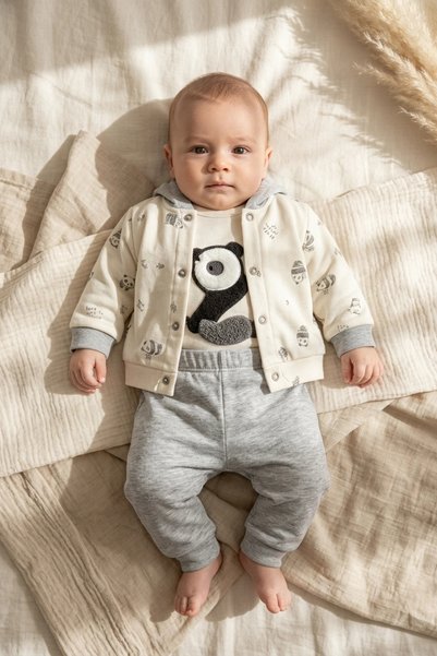 Babyim 3-Piece Panda Embroidered Cotton Baby Set - Hooded Cardigan, Bodysuit ...
