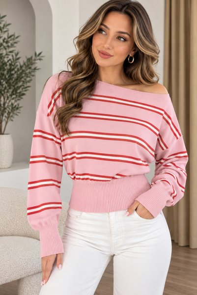 EMR Online Women's Knitwear Sweater Striped Boat Neck Casual Stylish Sweater