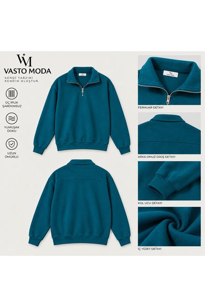 Vasto Moda Erkek Oversize Kalın Dokulu 3 İplik Şardonsuz Kaşkorse Bisiklet Yakalı Basic Yarım Fermuarlı Sweatshirt
