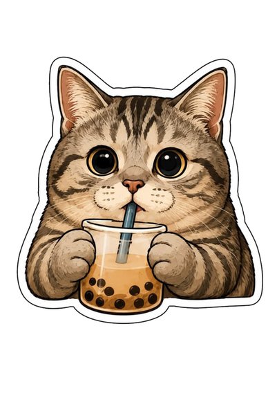 MegaSticker Cat Drinking Latte Sticker Car, Motorcycle, Helmet, Laptop, Glass Sticker 13X12 cm