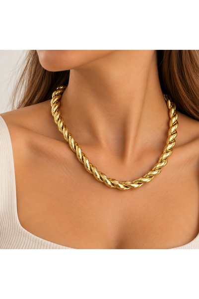 MİLANO BEAUTYS Gold Color Twisted Model Women's Necklace – Stylish Necklace with Thick Rope Weave Design, Shiny Gold Color