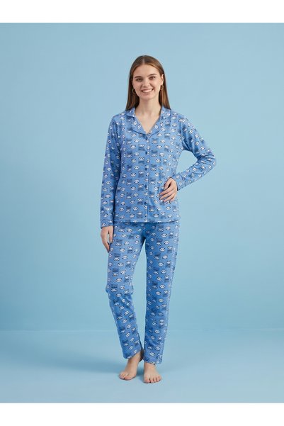 Genel Markalar Kadın Pamuklu Uzun Kollu Pijama Takımı Rahat Kesim Ev Giyim Loungewear