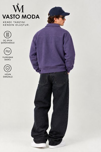 Vasto Moda Erkek Oversize Kalın Dokulu 3 İplik Şardonsuz Kaşkorse Bisiklet Yakalı Basic Yarım Fermuarlı Sweatshirt
