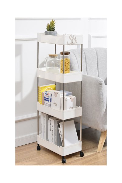 Generic Brand 4-Tier Plastic Storage Shelving Rack with Stainless Steel Poles and Wheels, White