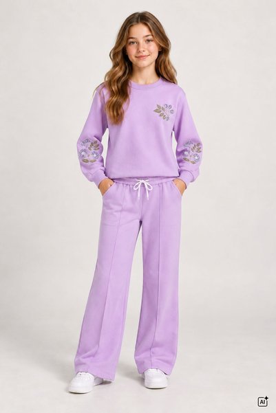 CansınMini Lilac Girls' 3-Thread Embroidered Floral Wide-Leg Sweatpants Set 25005