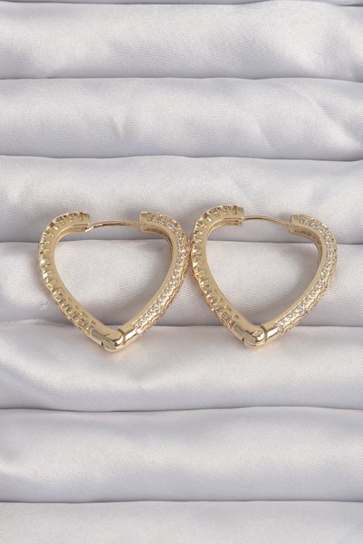Toptan Bulurum Brass Gold Color Zircon Stone Motif Heart Earrings