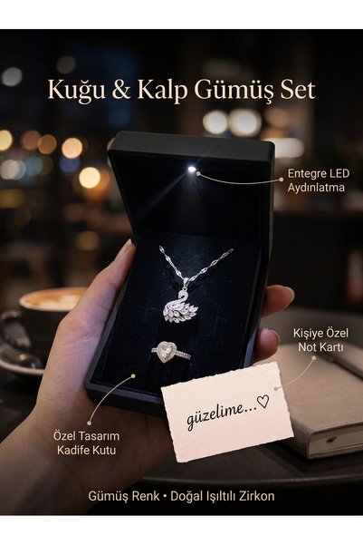 La Clarte LED Işıklı Kutuda Zirkon Taşlı Kuğu Kolye & Kalpli Yüzük Takı Seti ...