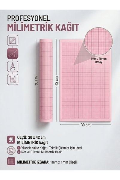 AHDTOPTAN Milimetrik Kağıt Rulo 30 Cm x 42 Cm 10 adet 1. Hamur 80 Gr Teknik Ç...