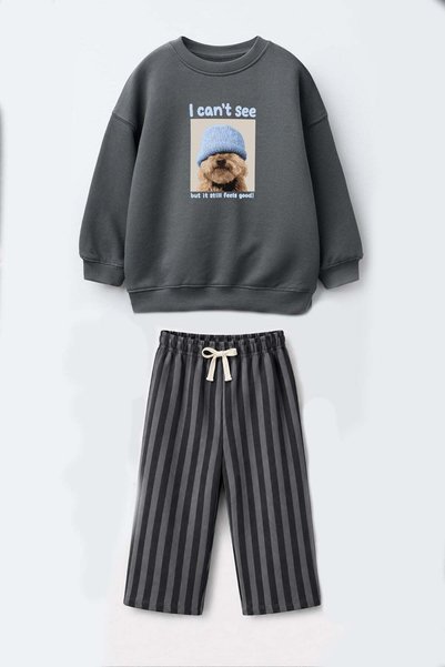 Monila Erkek Çocuk 3 İplik Pamuklu Köpek Baskılı Sweatshirt ve Çizgili Altlı Alt Üst Takım