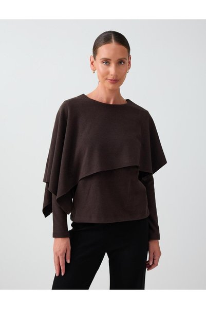 Jimmy Key Bitter Brown Cape Detailed Round Neck Soft Touch Sweater
