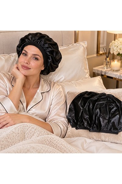 CozyNook 4 قطع من قبعات النوم الساتان للنساء، قبعات شعر سوداء للنوم، قبعات ليلية ناعمة للشعر المجعد والمتقصف