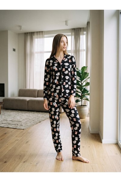 Genel Markalar Kadın Pamuklu Uzun Kollu Pijama Takımı Rahat Kesim Ev Giyim Loungewear