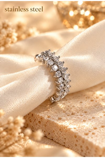 stainless steell Silver Color 1 Piece Two Row Stone Single Compression Cartil...