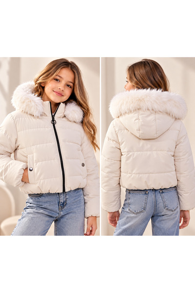 Uğur bebe Special Production Nova Fabric Crop Girls' Furry Hooded Puffer Coat...
