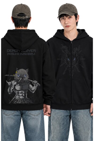 Fuddy Moda Unisex Oversize Φούτερ με φερμουάρ και κουκούλα με στάμπα Demon Sl...