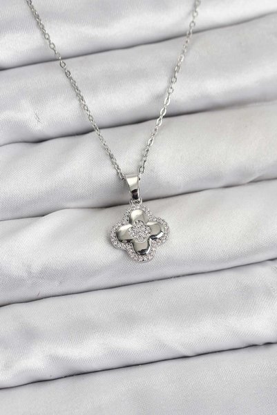 plentiful Mey İthalat Plentiful316L Steel Chain Silver Color Zircon Stone Clover Model Women's Necklace