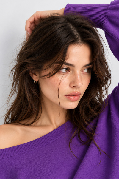 VEGENZE Purple Asymmetrical Collar Ribbed Detailed Knitwear Sweater
