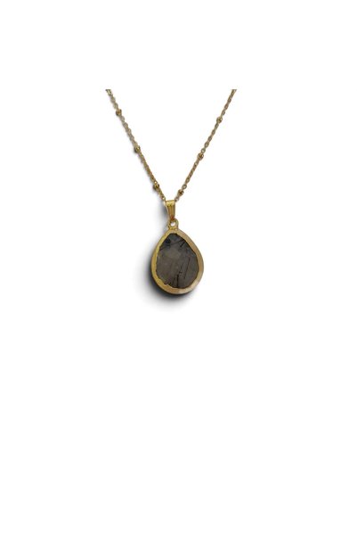 Hedea Natural Rutil Quartz Stone Drop Shape Gold Framed Steel Ball Chain Necklace