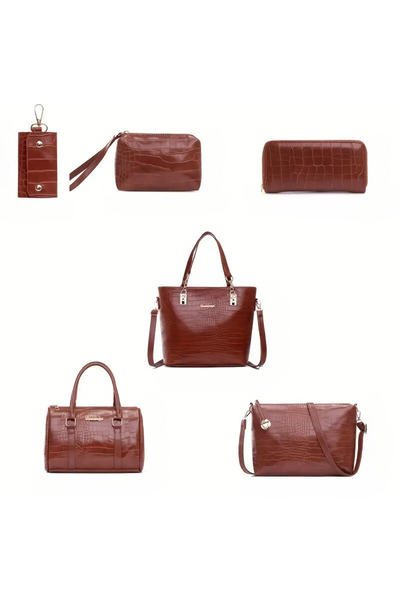 Magdeal Set of 6 Vintage Bags Made of Eco- Leather — Brown