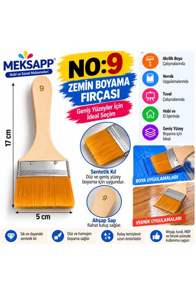 MEKSAPP NO:9 AHŞAP SAPLI ZEMİN BOYAMA FIRÇASI-GENİŞ DÜZ UÇLU AKRİLİK BOYA, VE...