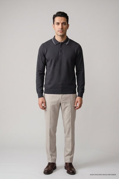 Maccali Anthracite Men's Polo Collar Knit Sweater with Hidden Zipper