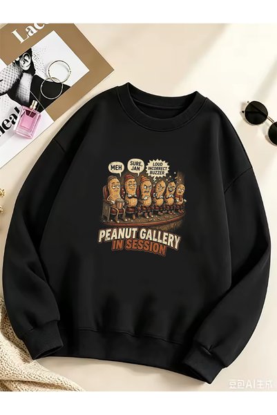 SUNFREE Fun Design Printed Oversize Unisex Basic Crew Neck Cotton Black Sweatshirt