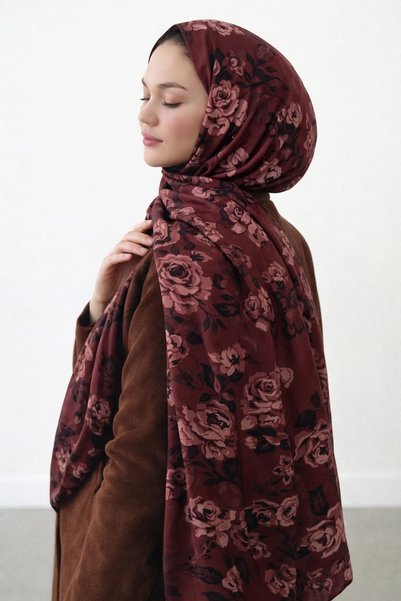 Hepsi Moda Rose Pattern Digital Soft Shawl - Brn - Dark Tile