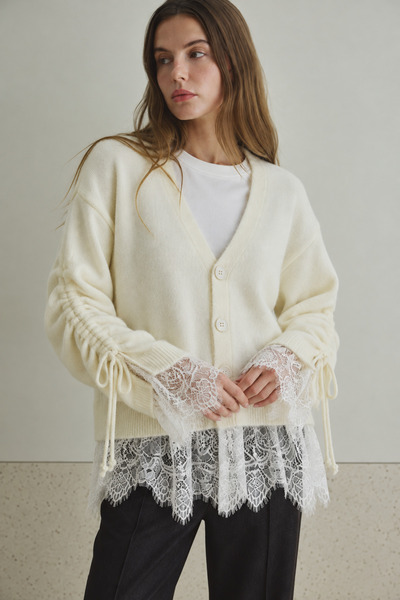 Yefrastore Women's Cream Lace Detailed Wool Blend V-Neck Buttoned Knitwear Cardigan