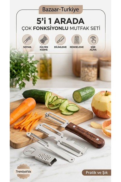 bazaar-turkey all you need Bazaar-Turkey - 2-Piece Multifunctional Practical Kitchen Set – Wooden Look Peeler, Serrated Slicer & Bottle Opener Kitchen Helper