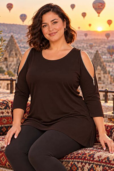tarzımsüper Women's Plus Size Stylish Blouse with Off-The-Shoulder Design and Openable Zipper Detail