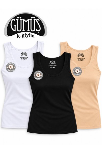 Gümüş İç Giyim Premium Soft Kadın Geniş Askılı Body 3’lü Paket %95 Pamuk Vücu...