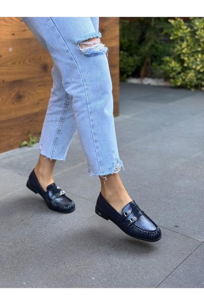 DİVA Navy Blue Patent Leather Buckle Women's Daily Ballerinas
