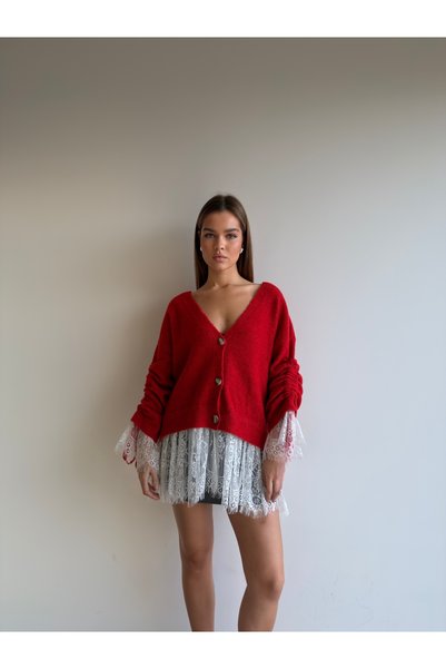 KENZA'A TRİKO Soft Textured V-Neck Cardigan with Lace Skirt and Sleeves