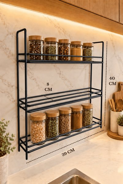 Edora Home Siyah 3 Katlı Duvara Monte Baharatlık Rafı – Yapışkanlı Delmeden M...