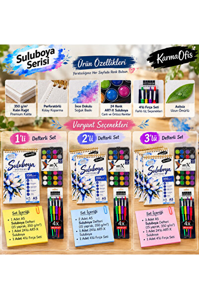 KarmaOfis A5 Suluboya Resim Seti – 12'li Art-X Suluboya Boya, 350 Gr Spiralli Suluboya Defteri ve 4'lü Fırça Seti – 1 Defter Seçenekli