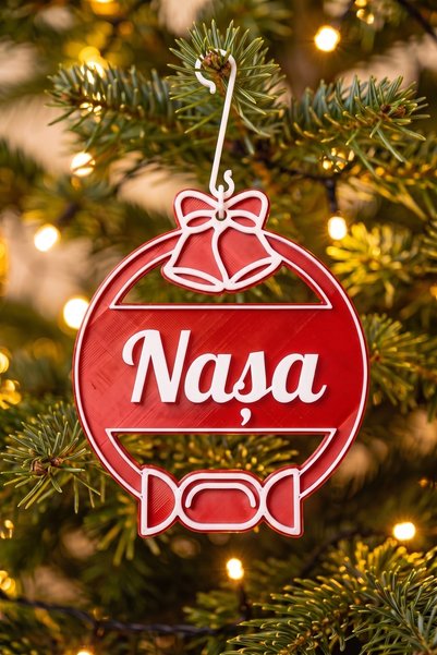 OEM Glob Craciun Personalizat cu Nume Nasa - Ornament Brad Plat Rosu Satinat ...
