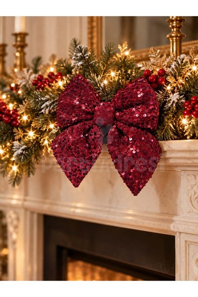 Parti Adresi Bordo Pullu Yılbaşı Kurdele Fiyonk 20 cm – Dekoratif Telli Asıla...